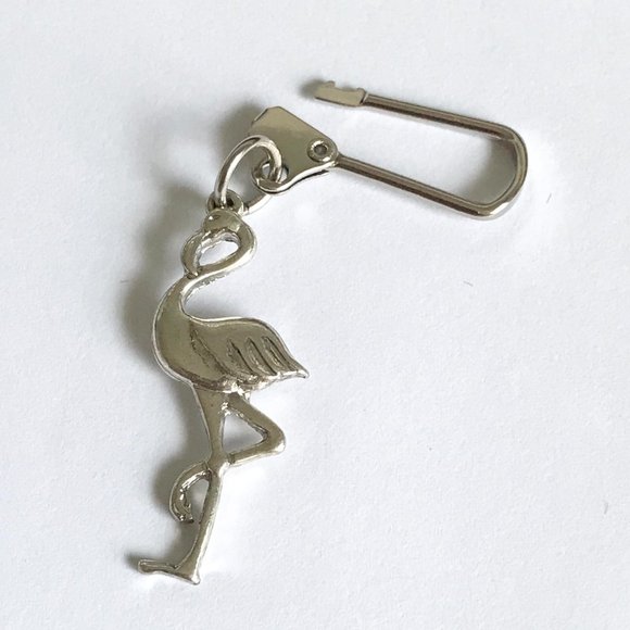 Flamingo Bird Zipper Pull Clip On Purse Charm Backpack Silver Plated Island - Picture 6 of 9